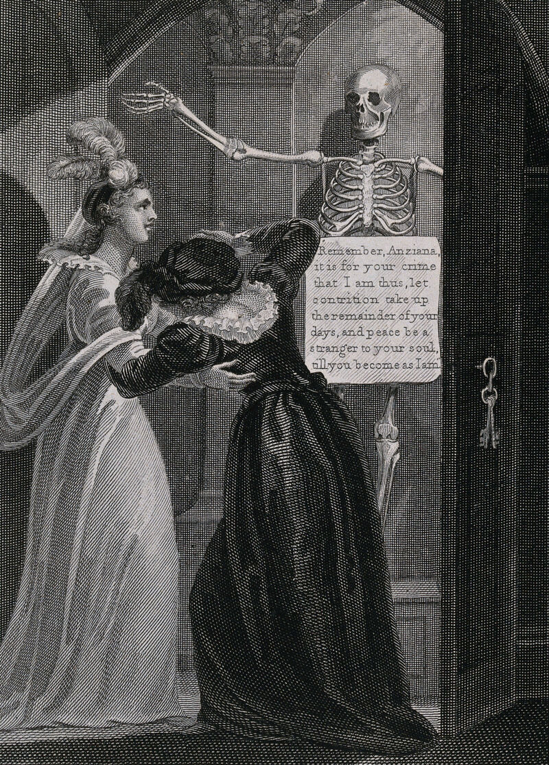 Two women open a cupboard in which a skeleton stands. Engraving by Brown after W.M. Craig, 1819, after E. Haywood., Jan.y 1. 1819, by Eliza Haywood