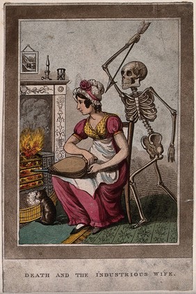 Death approaches a woman in a domestic setting. Aquatint.