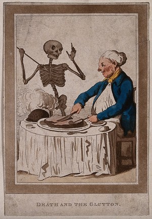 view Death and the glutton. Coloured aquatint.