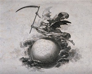 view A winged skeleton holding a scythe flies above a globe. Etching.