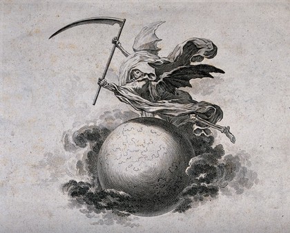 A winged skeleton holding a scythe flies above a globe. Etching.