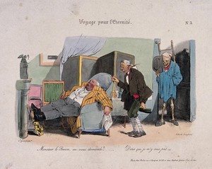 view Death pays a visit to a baron. Lithograph by Langlumé after Jean Grandville.