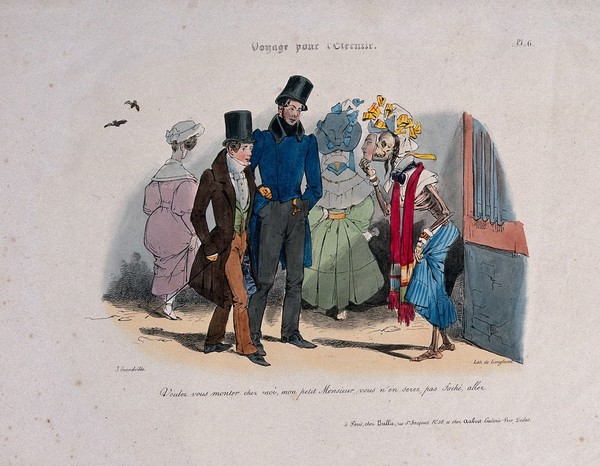 Two young men are approached by a prostitute: she is a clothed skeleton holding a made-up mask in front of her face, representing syphilis. Lithograph by J.J. Grandville, 1830.