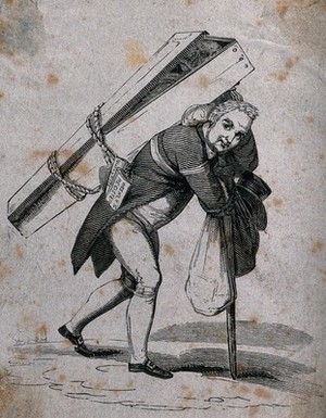 view A man carries a coffin on his back. Etching.