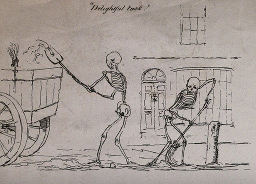 Skeletons in various situations: fourteen scenes. Etching