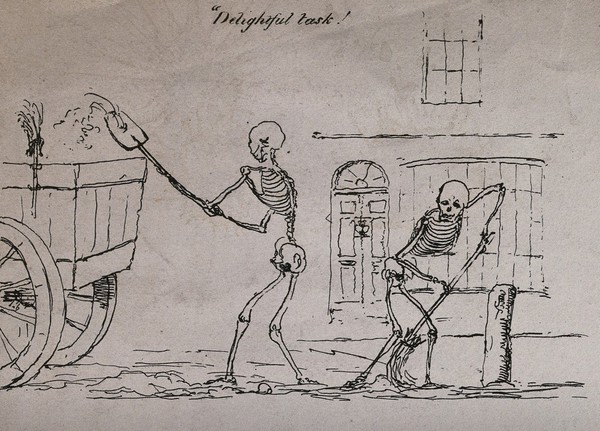 Skeletons acting out phrases in James Thomson's "The seasons": fourteen scenes. Etching by H. J. Pidding, 1822.