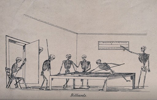 Six pictures of skeletons engaged in group games. Etching af