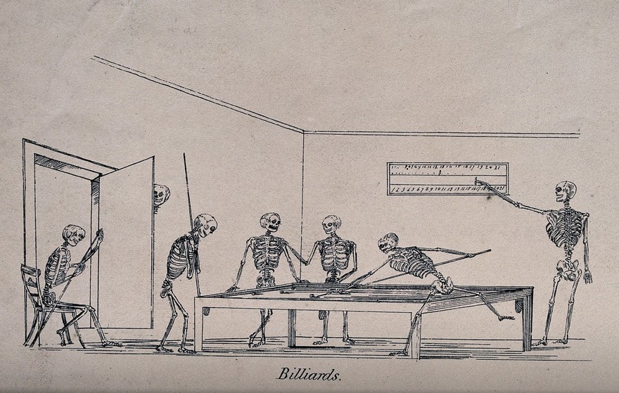 Six pictures of skeletons engaged in group games. Etching after W.F.E. Liardet.