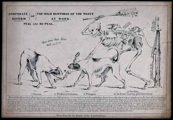 A skeleton tries to separate two dogs representing the Whig and Tory parties which are fighting over a bone. Lithograph.