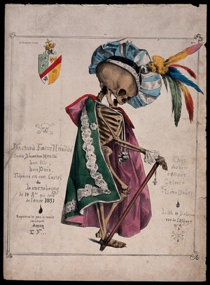 view A skeleton in fine attire. Lithograph, 18--.