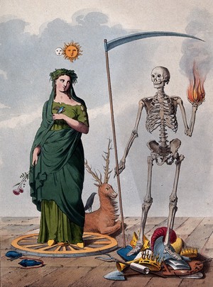 view Two allegorical figures: a skeleton holding a scythe and a ball of fire stands next to a female figure. Lithograph.