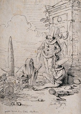 Death approaches two Pulcinellas. Pen and ink drawing by Camille Rogier.