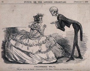 view A skeleton gentleman at a ball asks a skeleton lady to dance; representing the effect of arsenical dyes and pigments in clothing and accessories. Wood engraving, 1862.