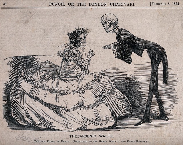 A skeleton gentleman at a ball asks a skeleton lady to dance; representing the effect of arsenical dyes and pigments in clothing and accessories. Wood engraving, 1862.