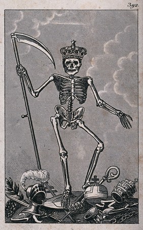 Death as king holding a scythe. Etching.