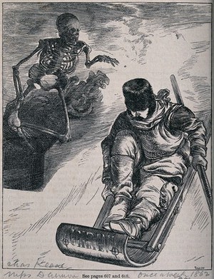 view A skeleton attempts to jump on to a man's sleigh. Etching by Swain.