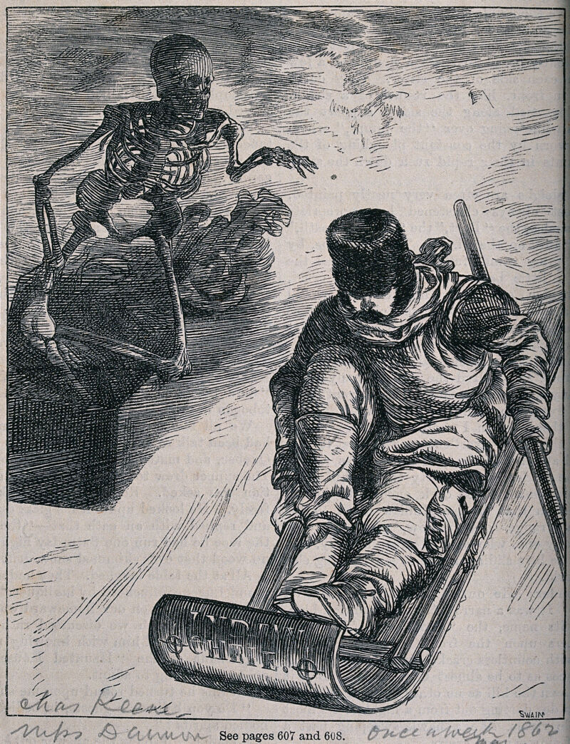 A skeleton attempts to jump on to a man's sleigh. Etching by Swain., by Stacey Q
