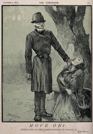 view Death, as a policeman, approaches a ragged woman and her baby in a London park. Colour wood engraving by M. Morgan, 1867.