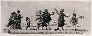 view A procession of dancers following a music-making Death. Etching by A.W. Thompson, 1867.