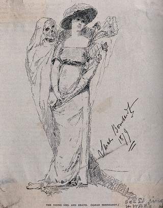 A girl and Death. Lithograph by Sarah Bernhardt, 1879.