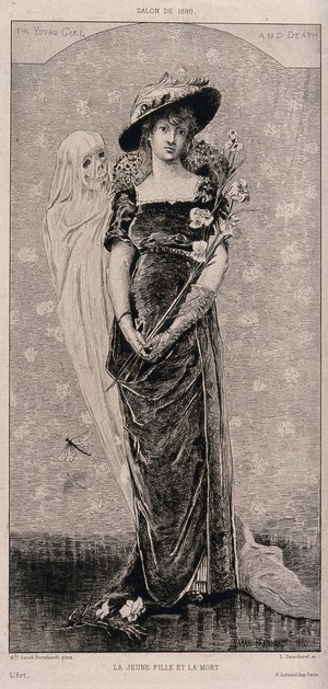 view A young lady and Death. Etching by Léon Gaucherel after Sarah Bernhardt, 1880.