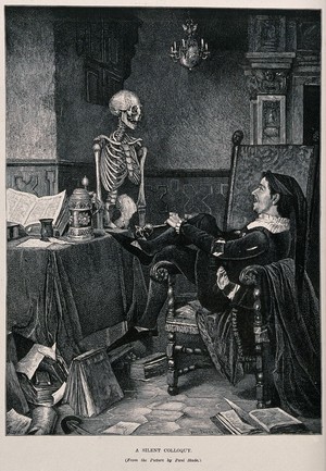 view A jester contemplates a skeleton. Wood engraving after Paul Stade, 1884.