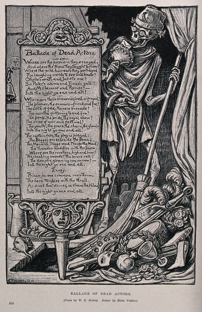 Death as an actor behind stage. Reproduction of a lithograph by Elihu Vedder, 1885., 1885, by Elihu Vedder