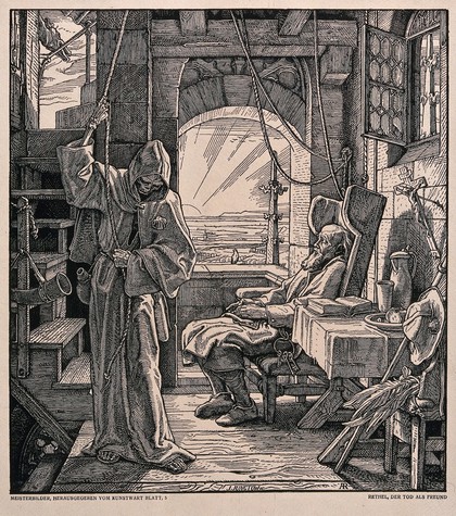 Death as a friend. Wood-engraving by J. Jungtow after Alfred Rethel, 1851.