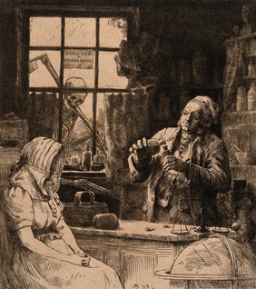 A woman visits an apothecary; death lurks nearby. Etching, 1895.