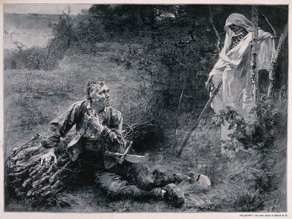 Death and the woodcutter. Wood engraving by Richard Bong after L. Lhermitte.