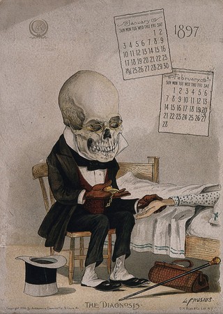 The diagnosis: a skeletal doctor measures a patient's pulse. Lithograph by L. Crusius, 1897.