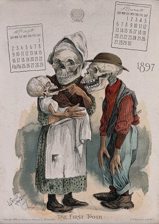 A skeletal couple gaze at their baby's first tooth. Colour lithograph by L. Crusius, 1897.
