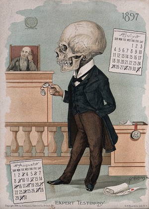 view A skeletal man testifies at court. Lithograph by L. Crusius, 1897.