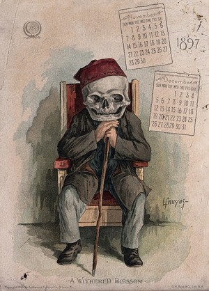 view A skeleton dressed as an old man sits in his chair, holding a stick. Lithograph by L. Crusius, 1897.