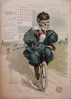view A skeleton dressed as a woman cyclist. Colour lithograph by L. Crusius, 1898.