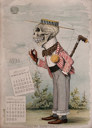 view A skeleton wearing fashionable clothes. Lithograph by L. Crusius, 1898.