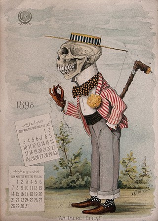 A skeleton wearing fashionable clothes. Lithograph by L. Crusius, 1898.
