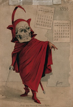 view A skeleton dressed as a devil with sword. Lithograph by L. Crusius, 1898.
