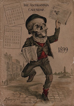 view A skeleton as a newspaper seller. Lithograph by L. Crusius, 1899.