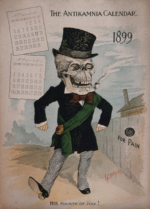 view A skeleton dressed in fine attire with a green sash to celebrate Independence Day. Lithograph by L. Crusius, 1899.