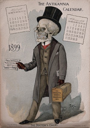 view A skeleton dressed as a gentleman holding a letter and a bag which identify him as a door-to-door salesman of poor-quality drugs. Lithograph by L. Crusius, 1899.
