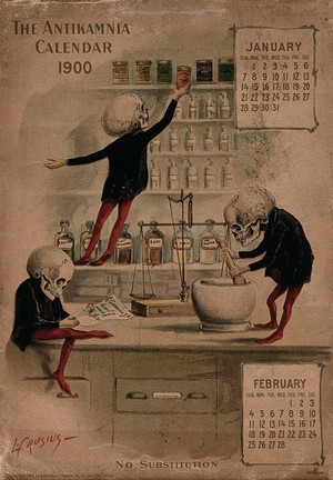 view Three skeletal figures mixing drugs in a pharmacy. Lithograph by L. Crusius, 1900.