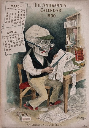 view A skeleton dressed as a writer cutting out newspaper articles. Lithograph by L. Crusius, 1900.
