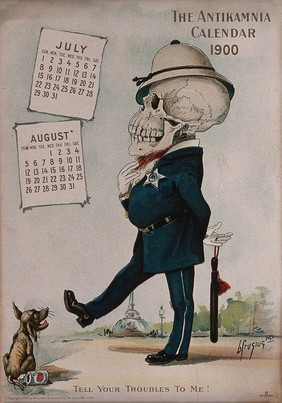 A skeleton dressed as a policeman. Lithograph by L. Crusius, 1900.