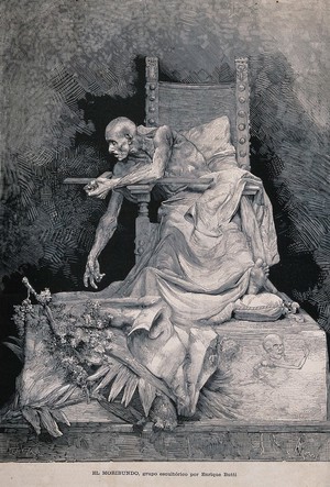 view A dying man seated on a large chair,  bends over the Holy Cross, reaching with his right hand towards the earth, where flowering branches lie. Wood engraving by A. Centenari after A. Riera after E. Butti, 1884.