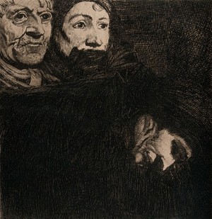 view A man and a woman wrapped in a blanket. Etching.