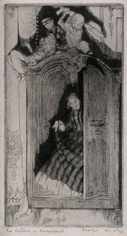 A female figure comes out of a cupboard on top of which three doll-like figures wait, one of which holds a club. Etching by F. Carter, 1908.