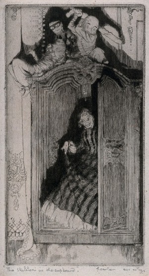 view A female figure comes out of a cupboard on top of which three doll-like figures wait, one of which holds a club. Etching by F. Carter, 1908.