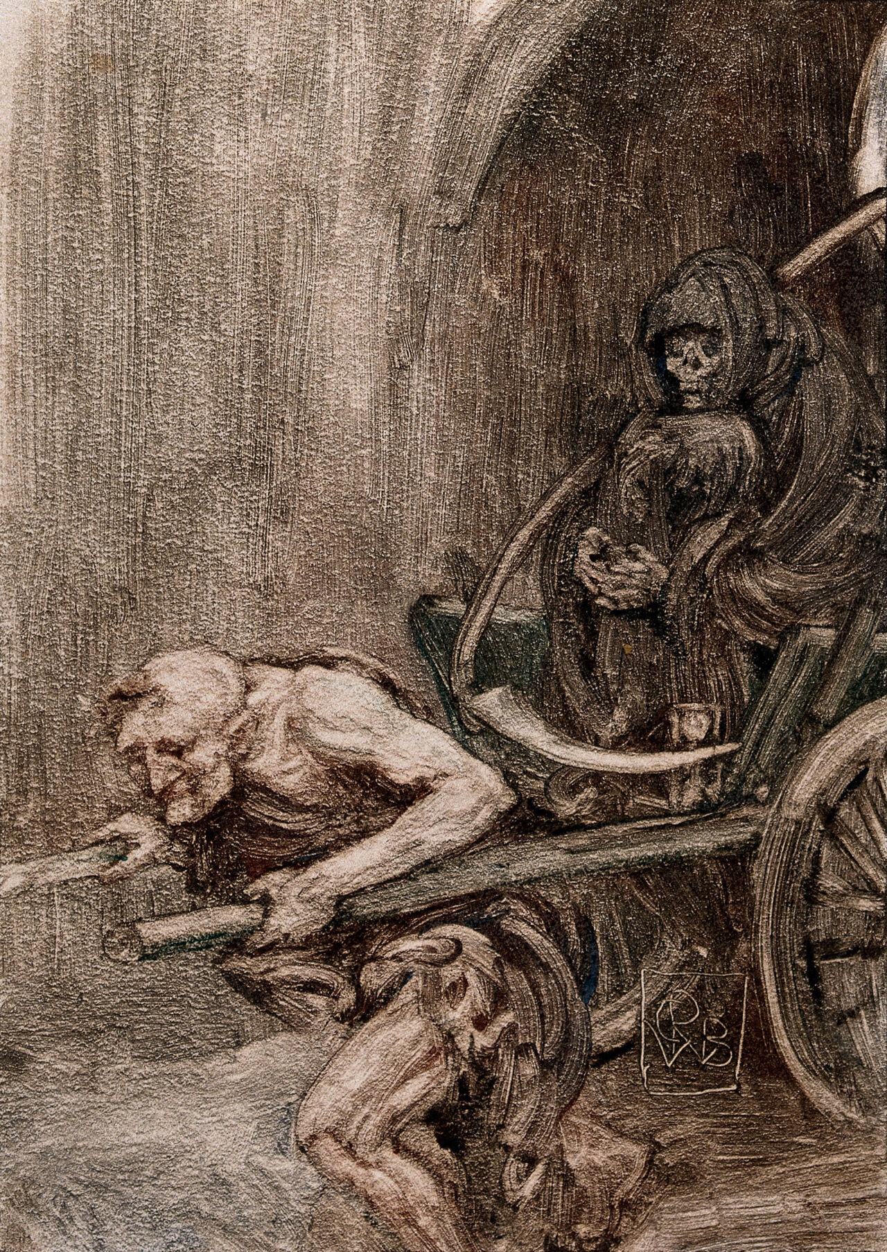 A man pulls a cart in which Death is seated. Monotype by R. Bunny., by Rupert Bunny