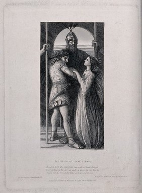 The dying Earl Siward clad in armour embraces a young man and woman. Etching by James Smetham, 1861.